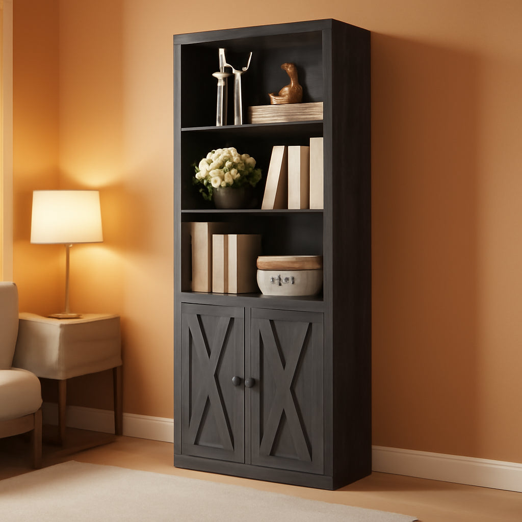 Industrial Floor Standing 5 Shelf Bookcase With Doors