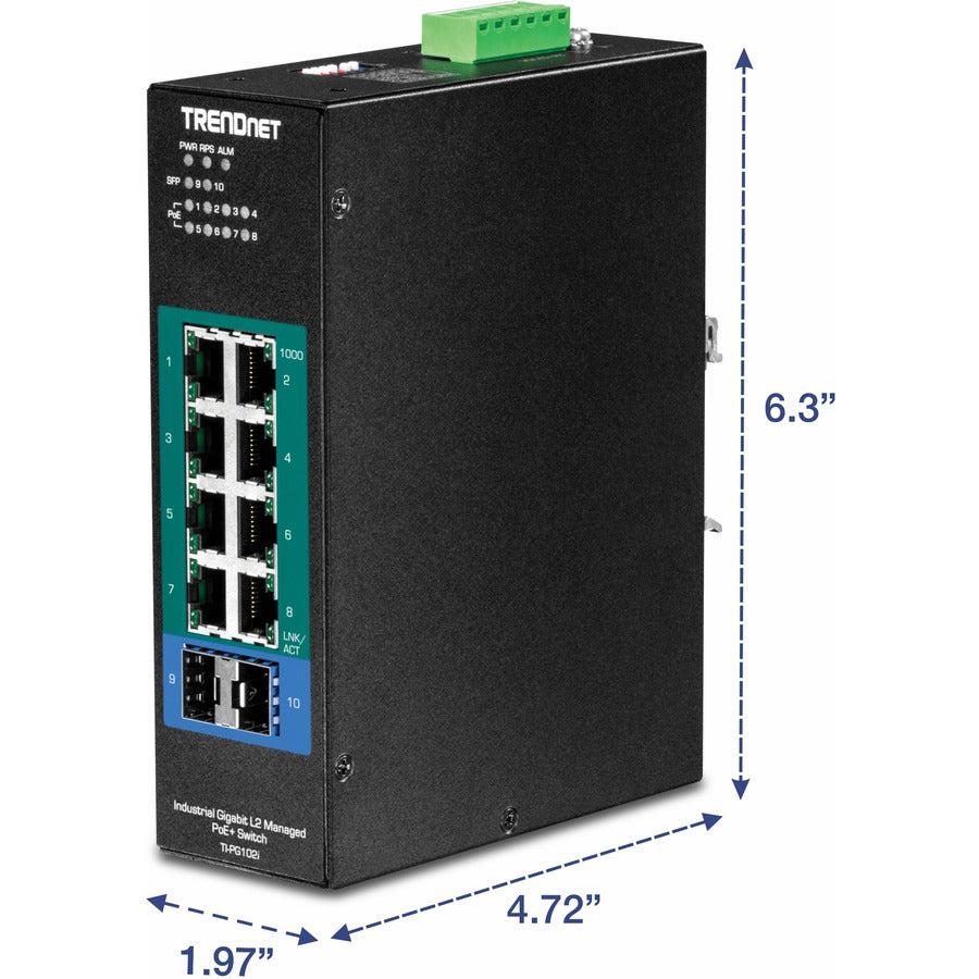 Industrial Gigabit Managed PoE+ DIN-Rail Switch - 10-Port Network Switch | TrendNet TI-PG102I