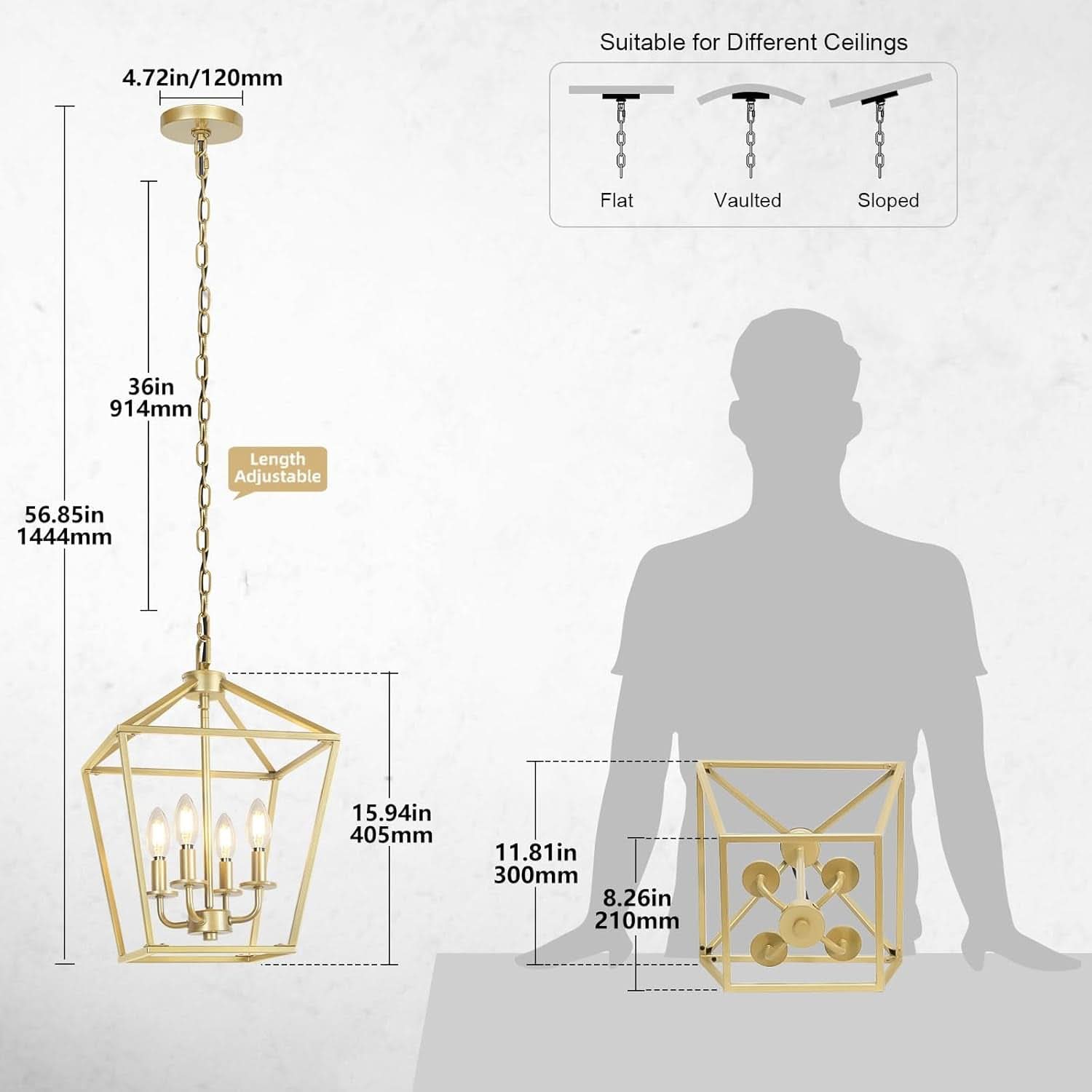 Industrial Gold Lantern Chandelier 4 Light Adjustable
