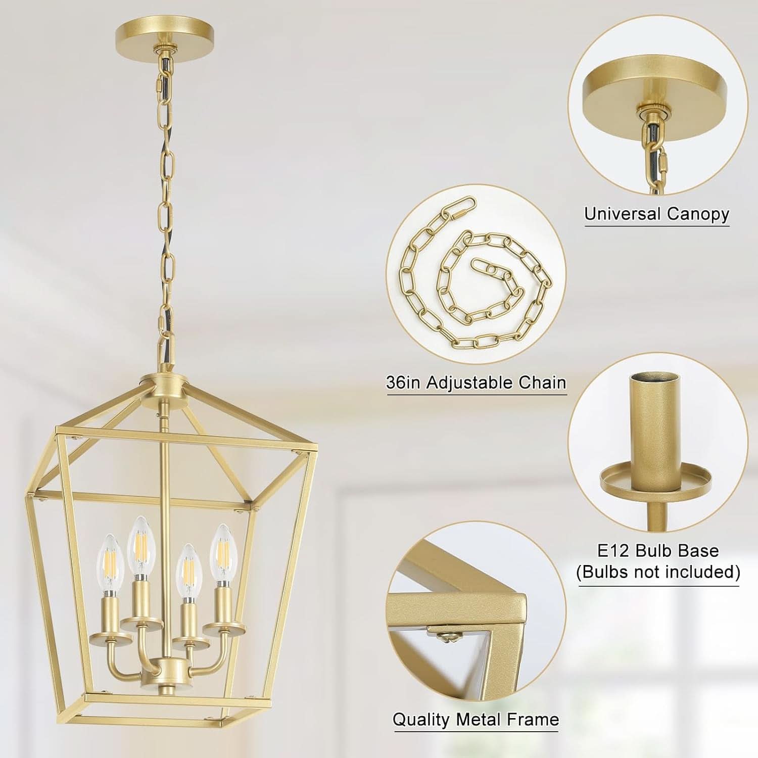 Industrial Gold Lantern Chandelier 4 Light Adjustable