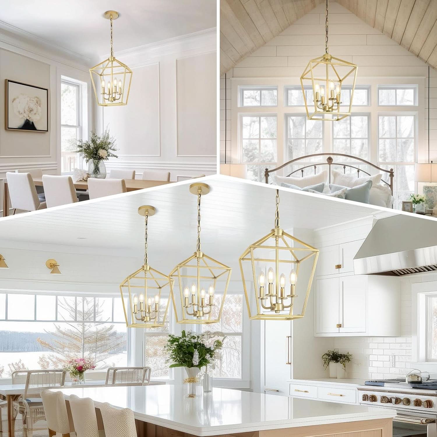 Industrial Gold Lantern Chandelier 4 Light Adjustable