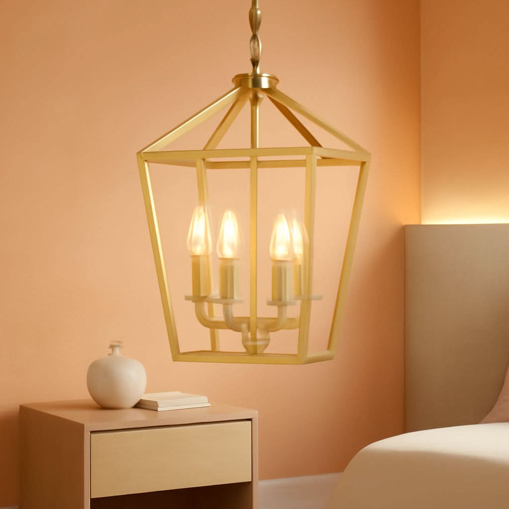 Industrial Gold Lantern Chandelier 4 Light Adjustable