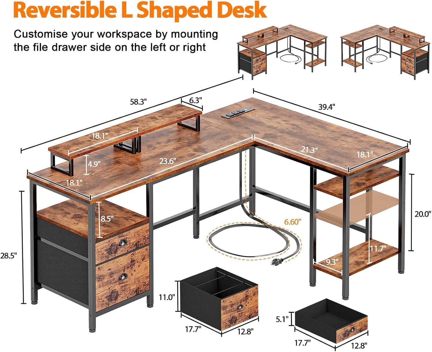 Industrial Grade Ultra Rustic Brown Fifty Nine Inch L Shaped Desk Power Outlet