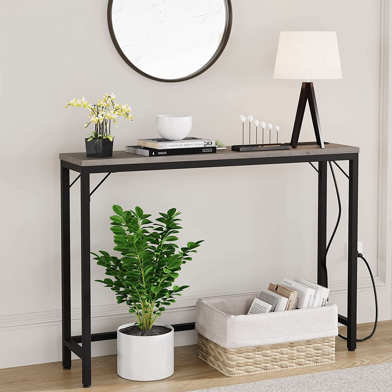 Industrial Grey Console Table With Charging Station