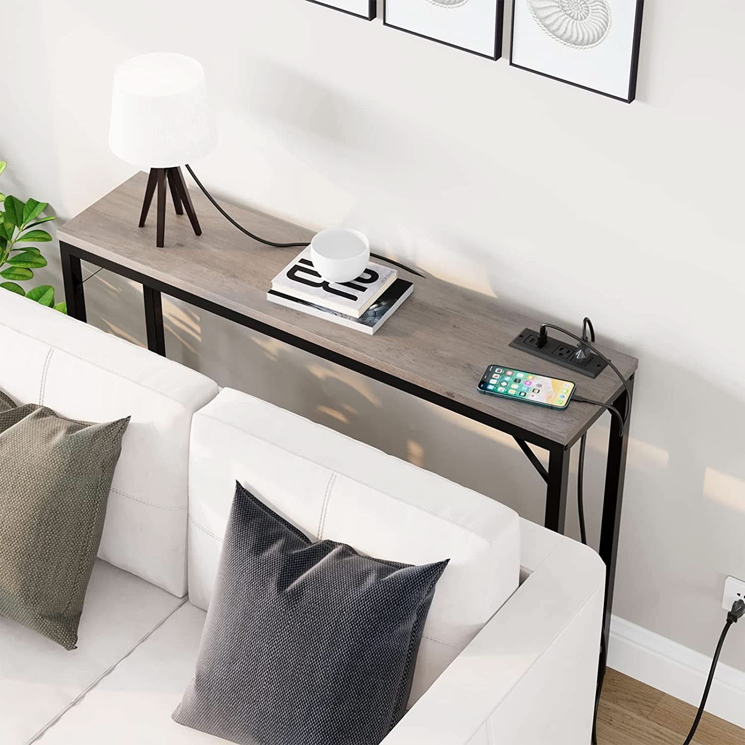 Industrial Grey Console Table With Charging Station