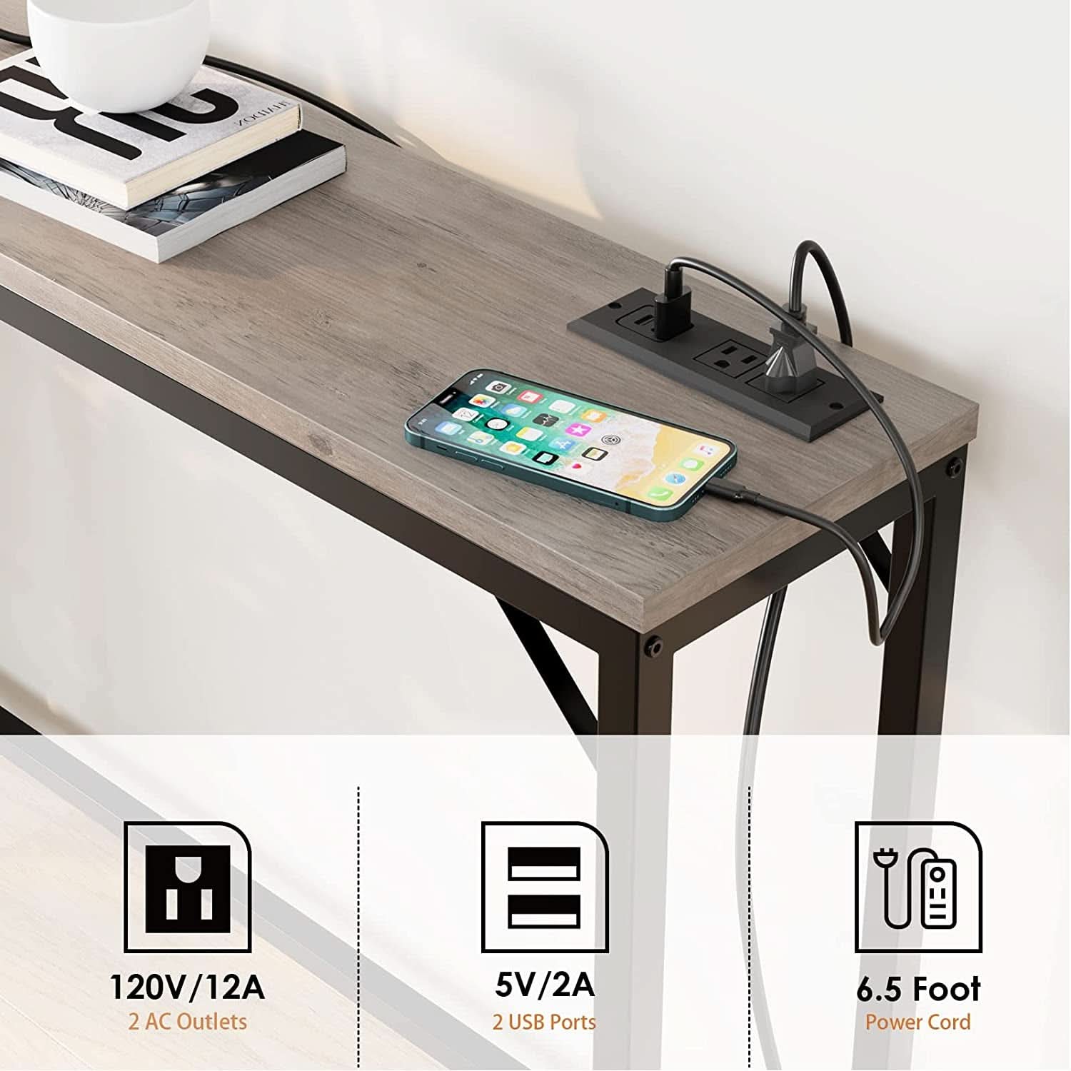 Industrial Grey Console Table With Charging Station
