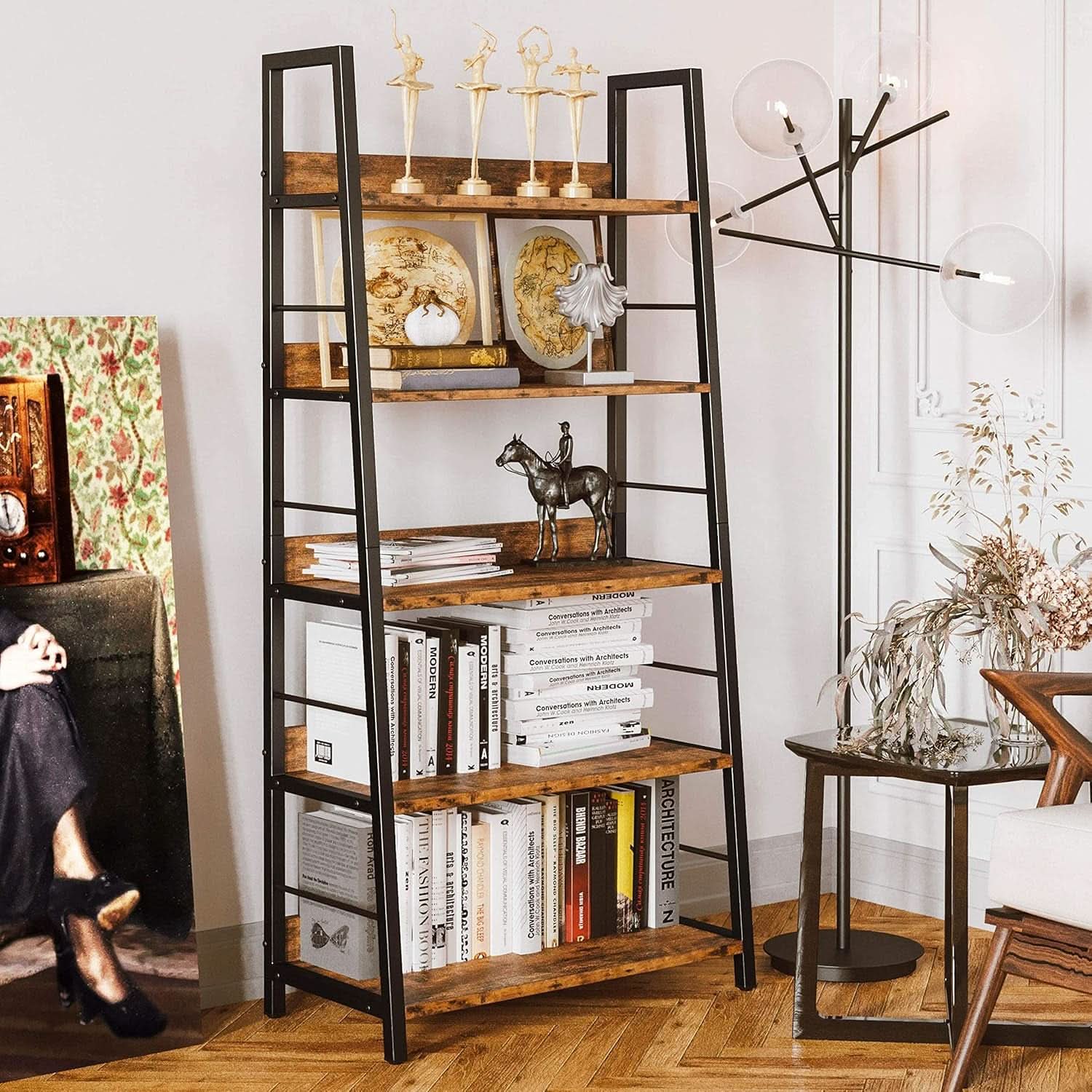 Industrial Ladder Shelf 5 Tier Bookshelf Rustic Brown