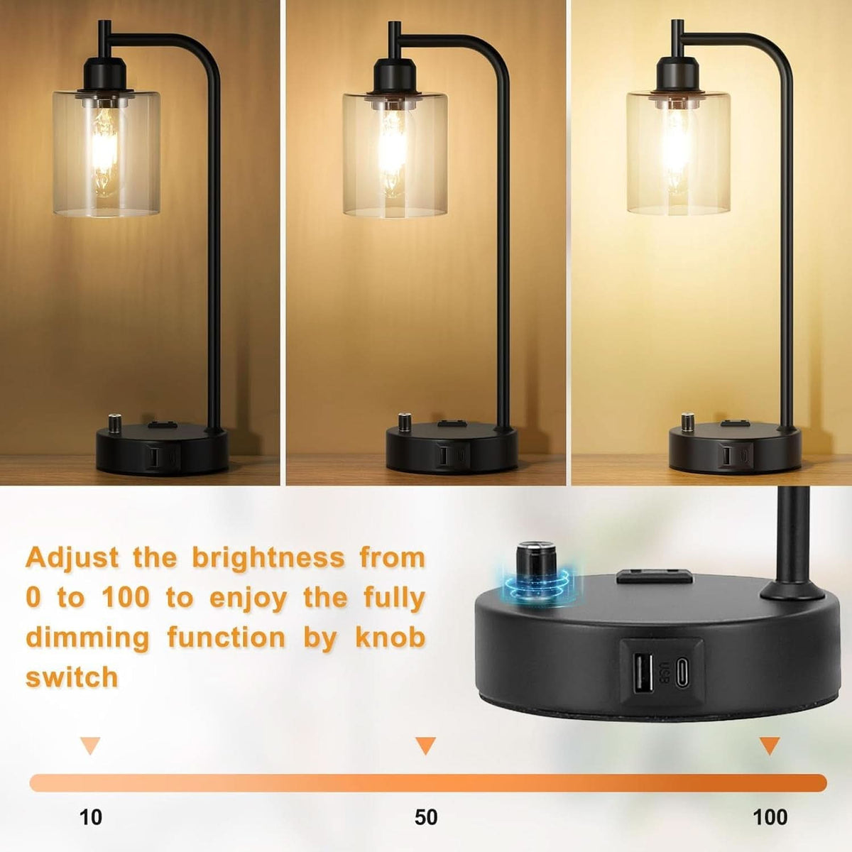 Industrial Nightstand Lamps Set of 2 Dimmable USB C Ports