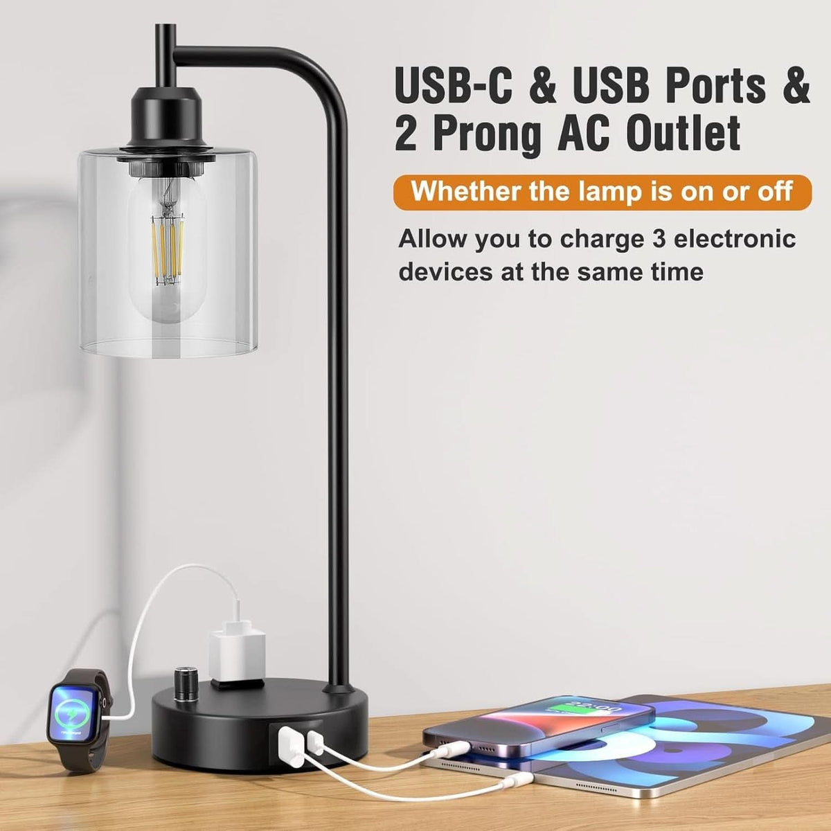 Industrial Nightstand Lamps Set of 2 Dimmable USB C Ports