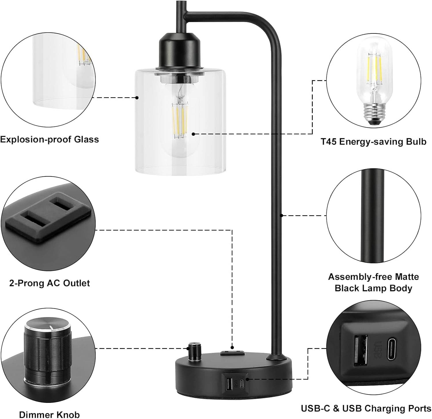 Industrial Nightstand Lamps Set of 2 Dimmable USB C Ports