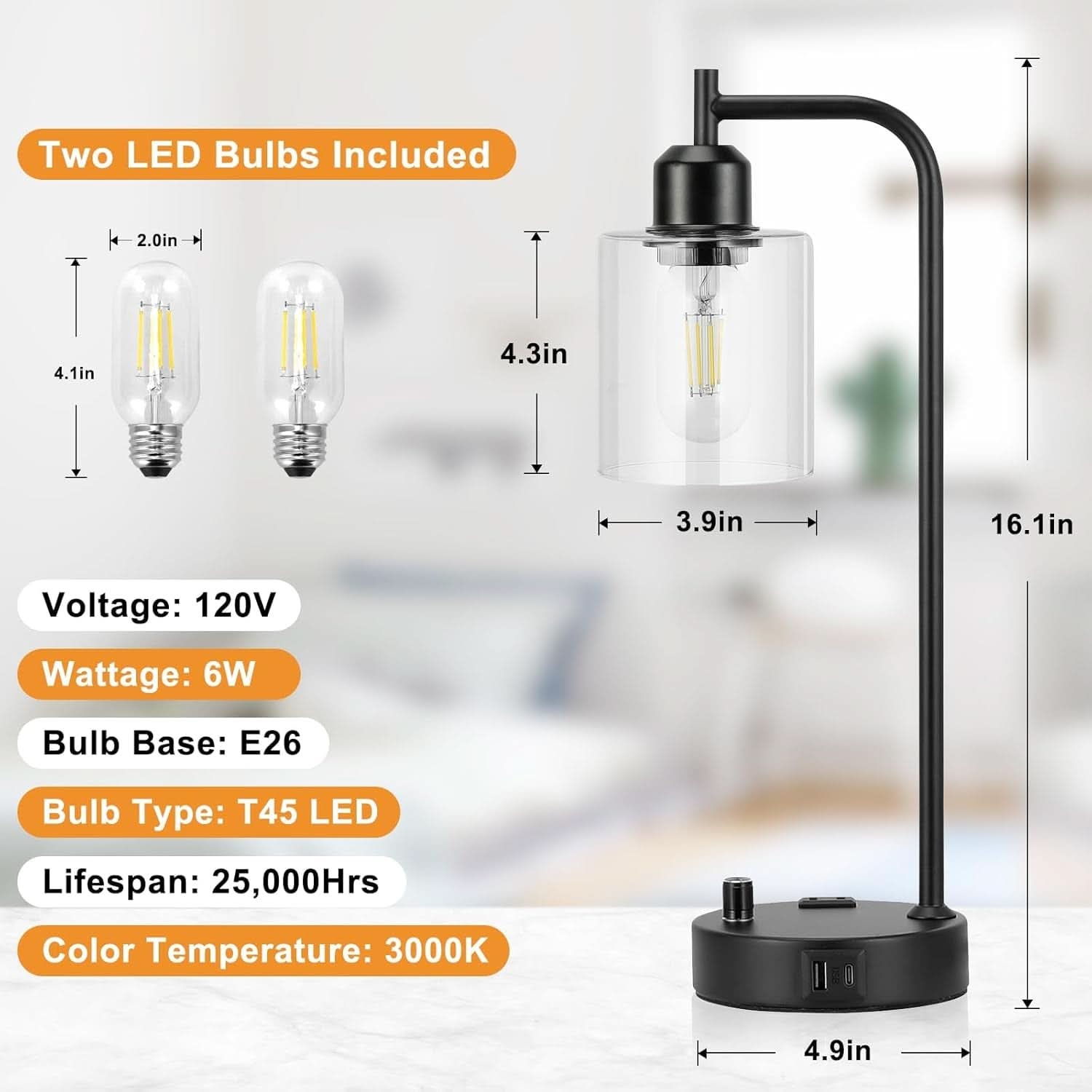 Industrial Nightstand Lamps Set of 2 Dimmable USB C Ports