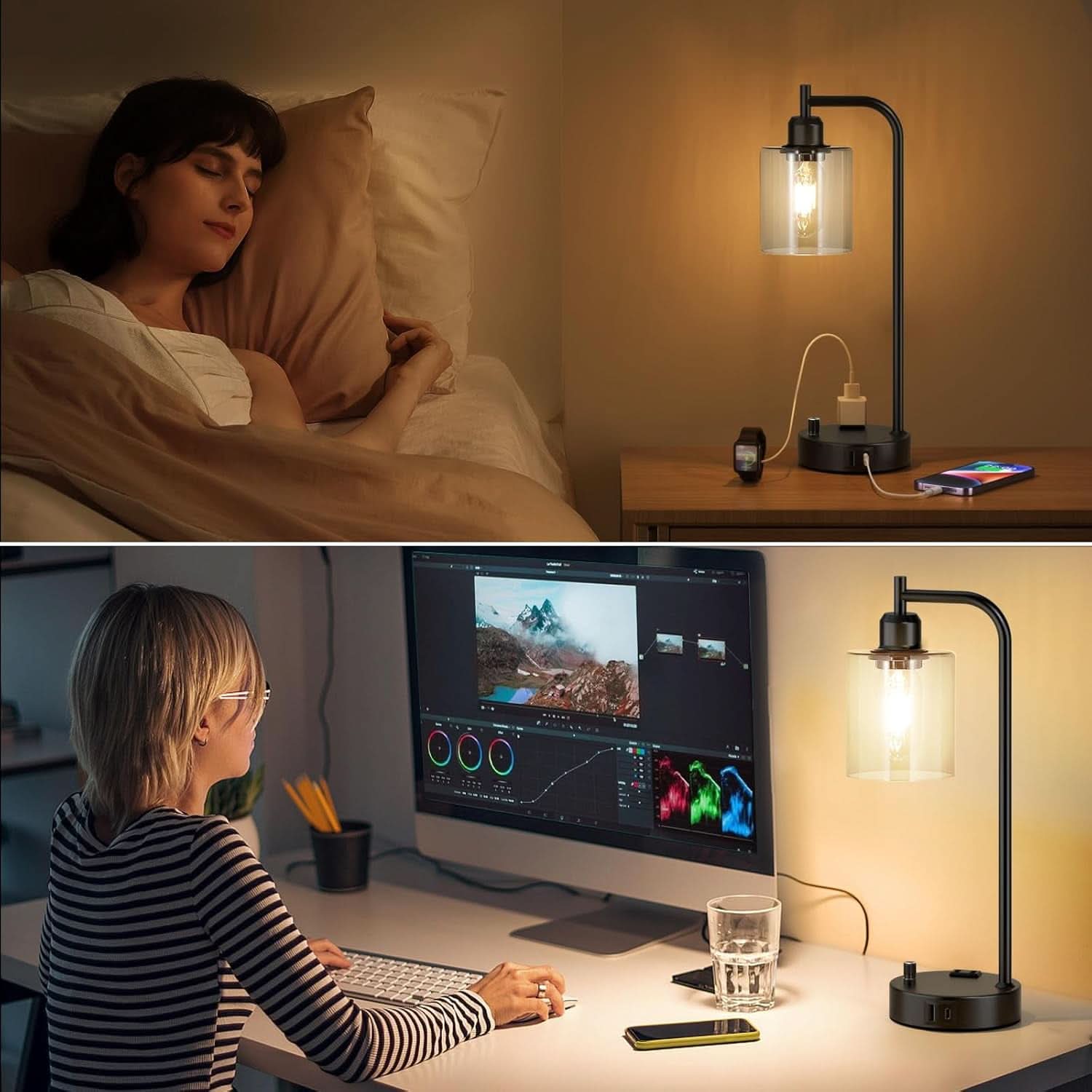 Industrial Nightstand Lamps Set of 2 Dimmable USB C Ports