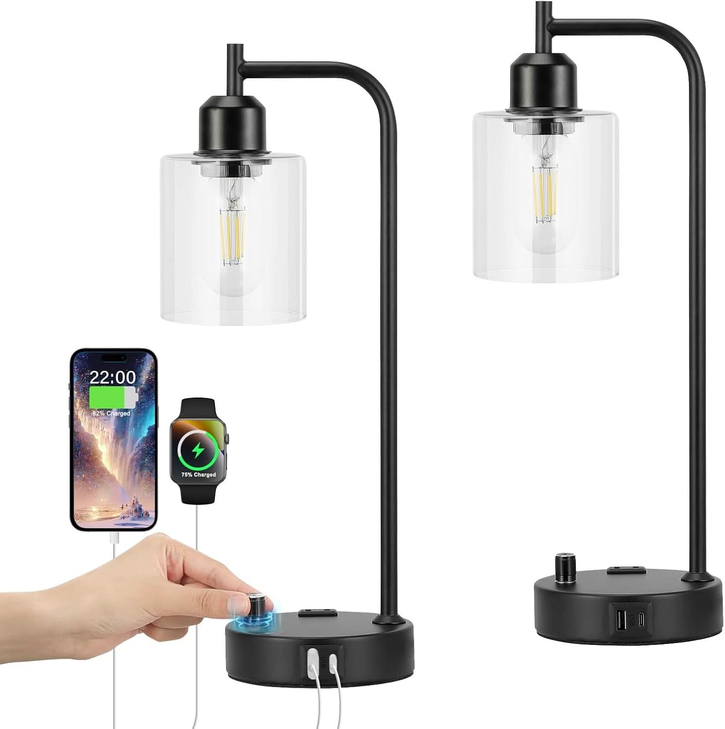 Industrial Nightstand Lamps Set of 2 Dimmable USB C Ports