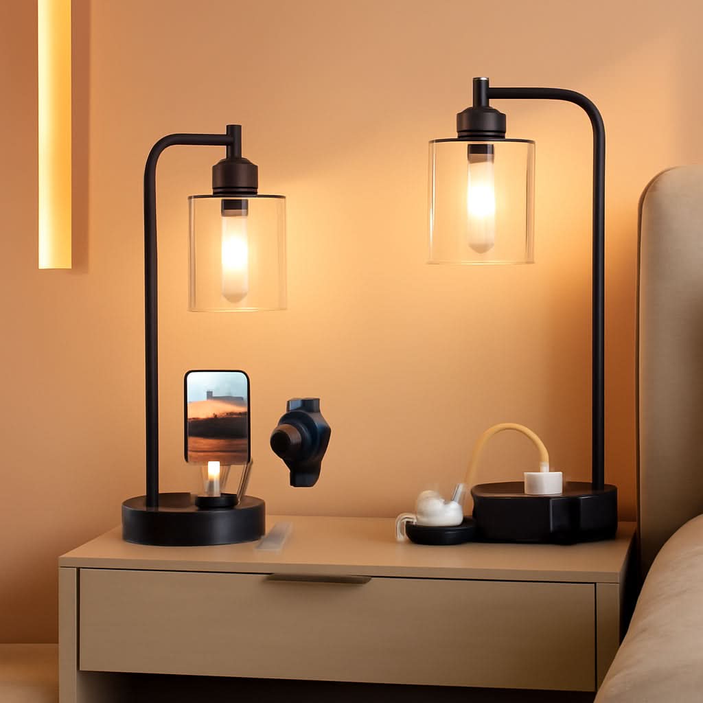 Industrial Nightstand Lamps Set of 2 Dimmable USB C Ports