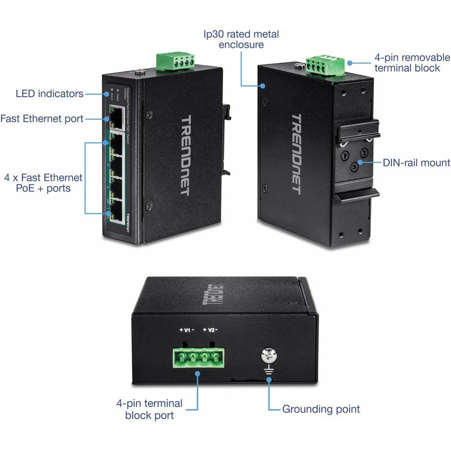 Industrial PoE+ DIN-Rail Switch - 5-Port Fast Ethernet Network Solution | TrendNet TI-PE50