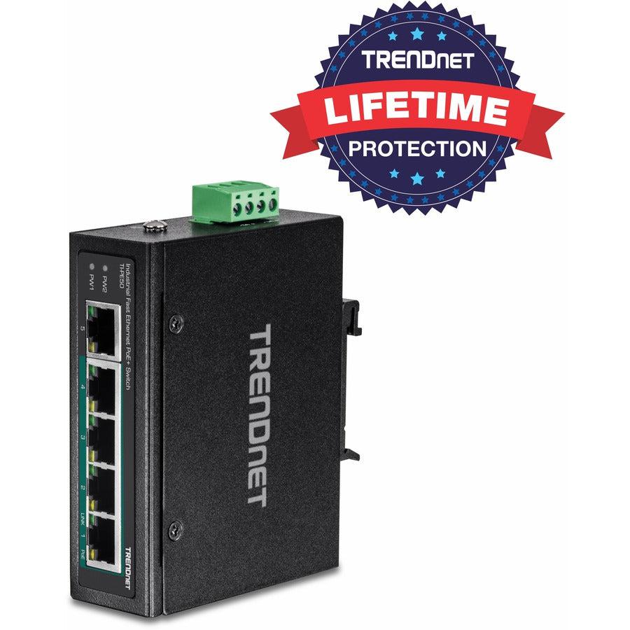 Industrial PoE+ DIN-Rail Switch - 5-Port Fast Ethernet Network Solution | TrendNet TI-PE50