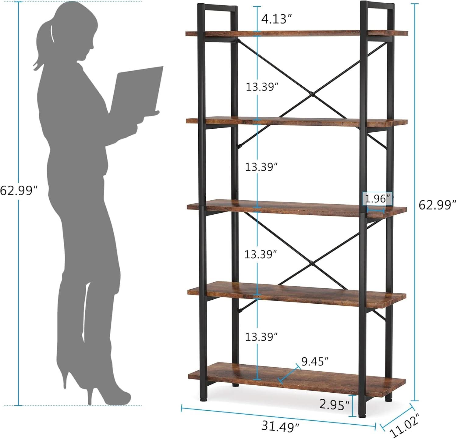 Industrial Rustic 5 Tier Etagere Bookshelf With Metal Frame