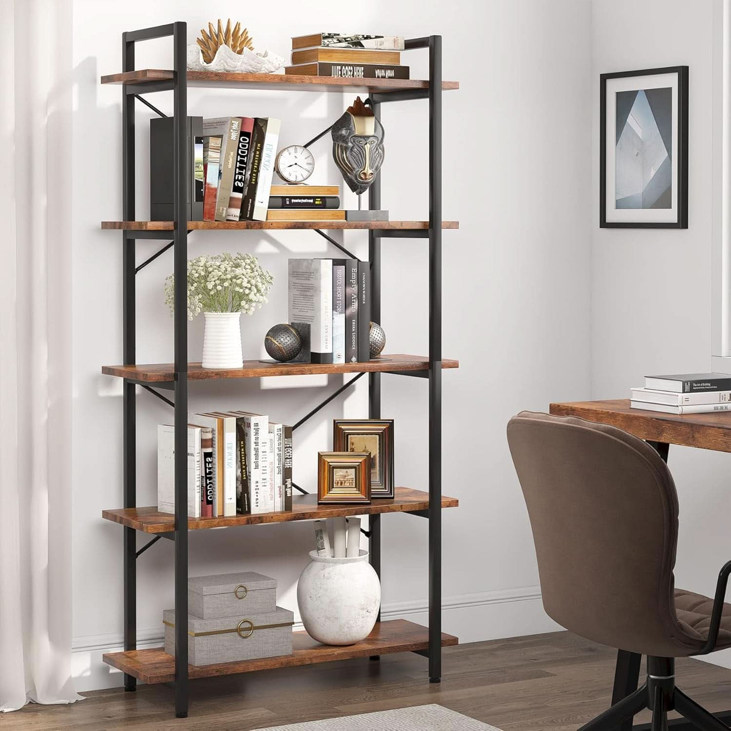 Industrial Rustic 5 Tier Etagere Bookshelf With Metal Frame