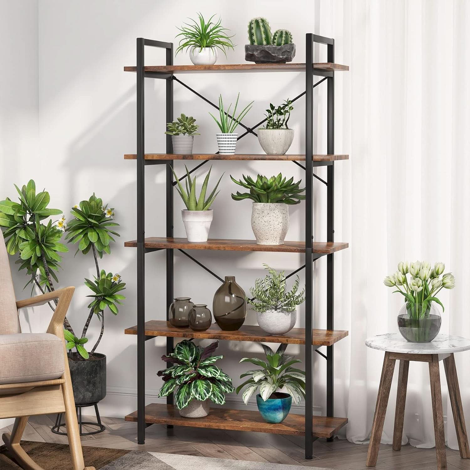 Industrial Rustic 5 Tier Etagere Bookshelf With Metal Frame