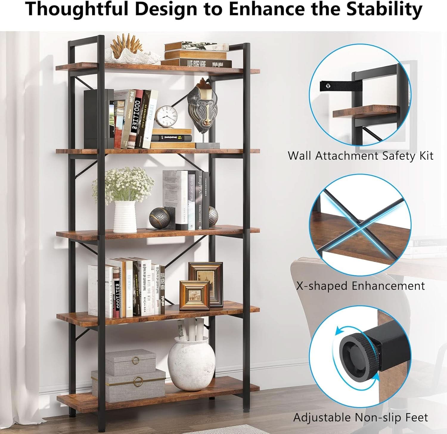 Industrial Rustic 5 Tier Etagere Bookshelf With Metal Frame