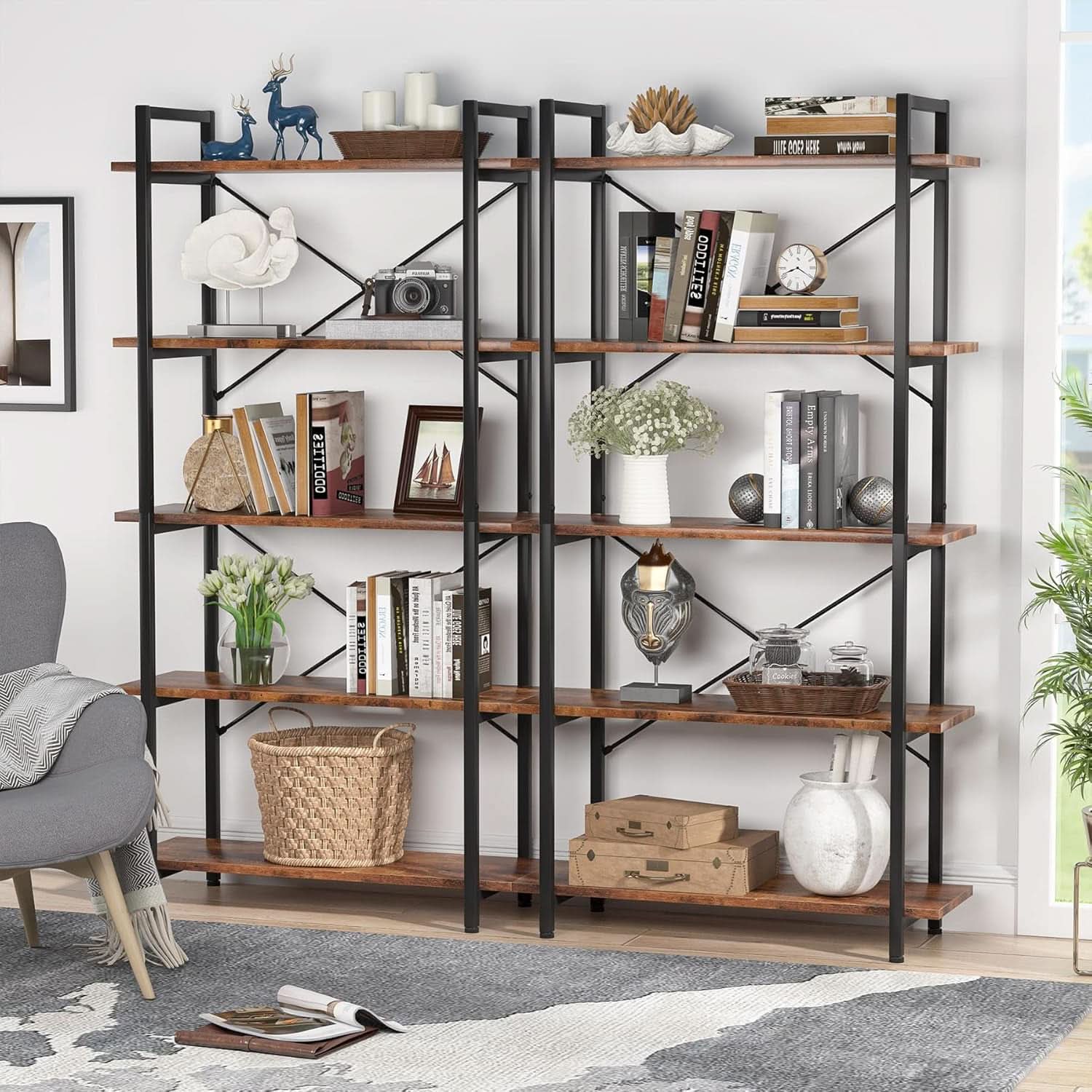 Industrial Rustic 5 Tier Etagere Bookshelf With Metal Frame