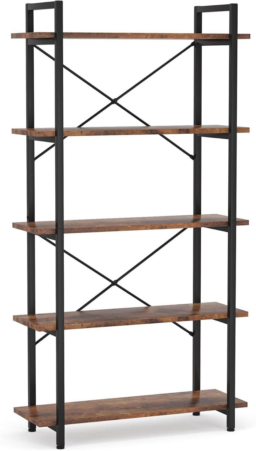 Industrial Rustic 5 Tier Etagere Bookshelf With Metal Frame