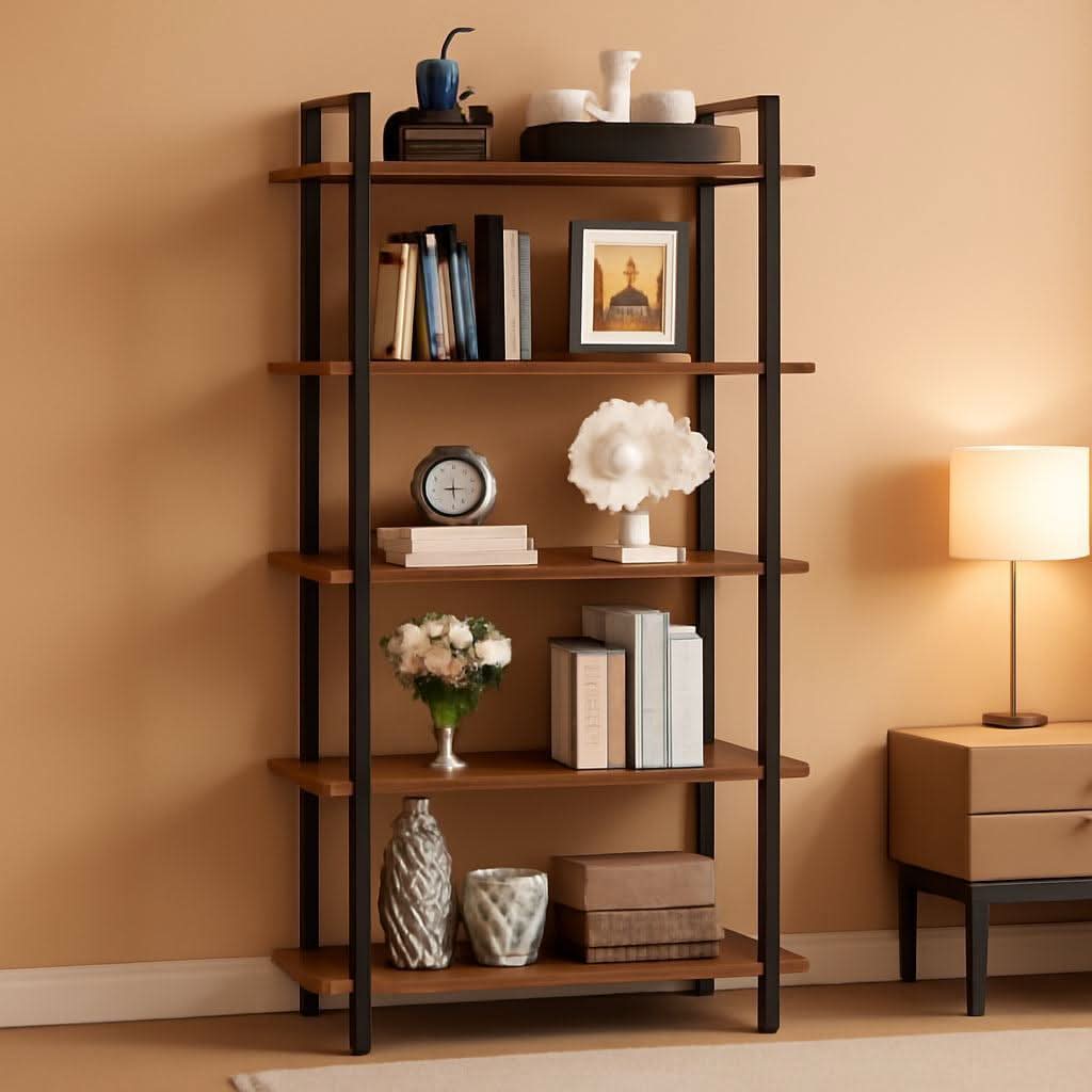 Industrial Rustic 5 Tier Etagere Bookshelf With Metal Frame