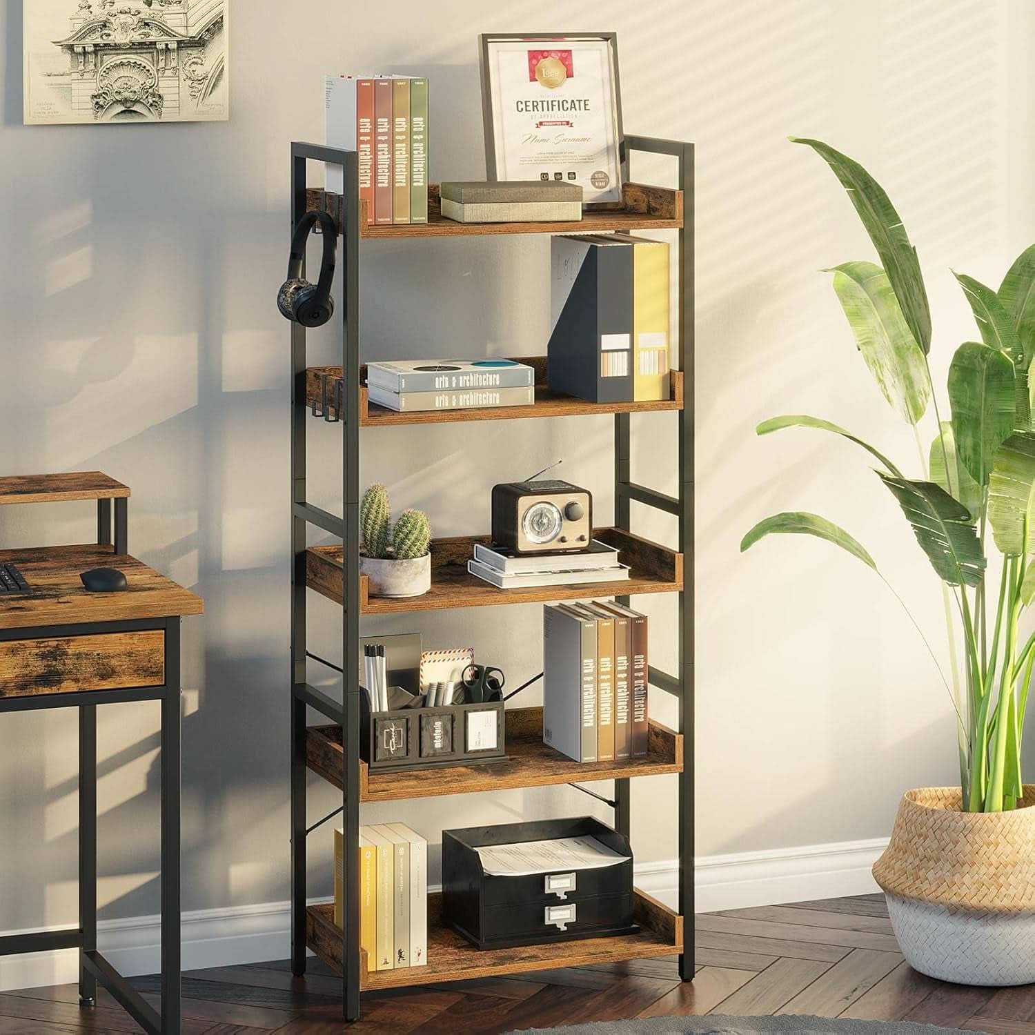 Industrial Rustic Brown Wood Five Tier Bookcase Metal Frame