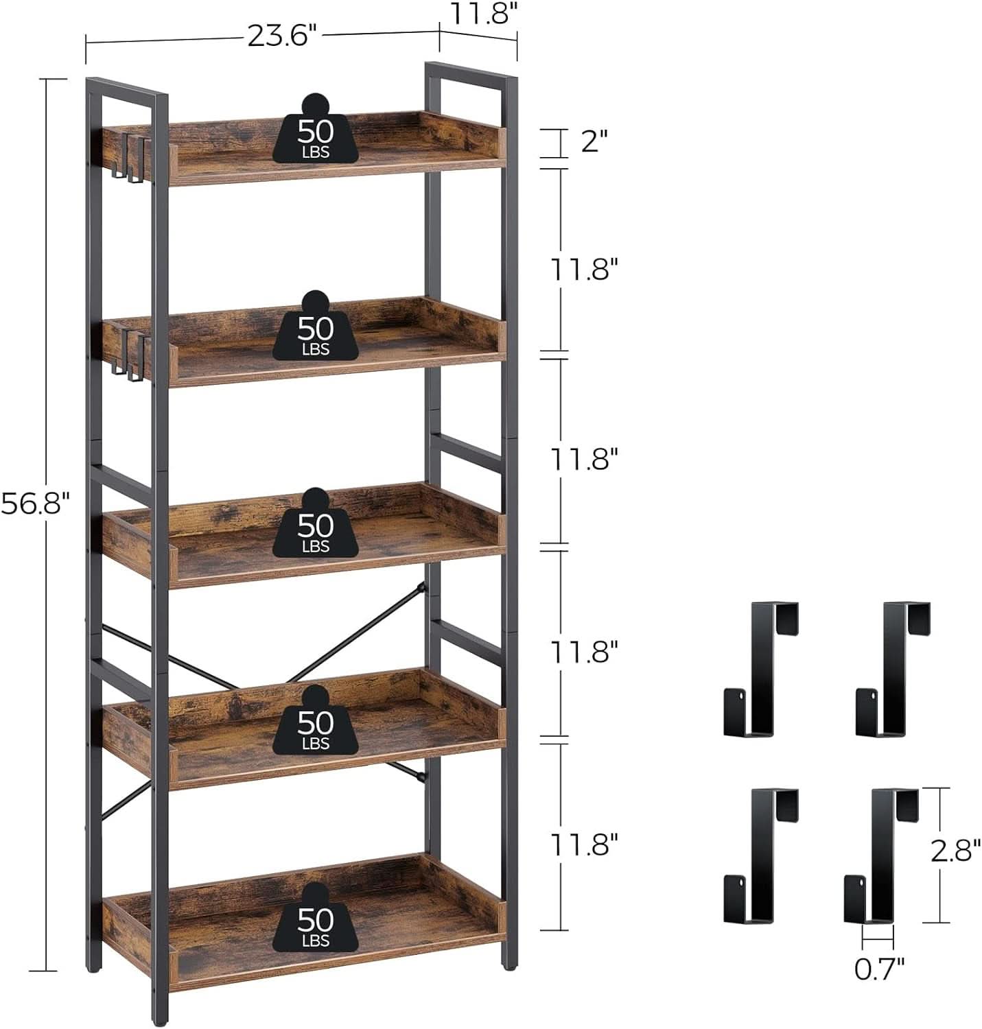 Industrial Rustic Brown Wood Five Tier Bookcase Metal Frame