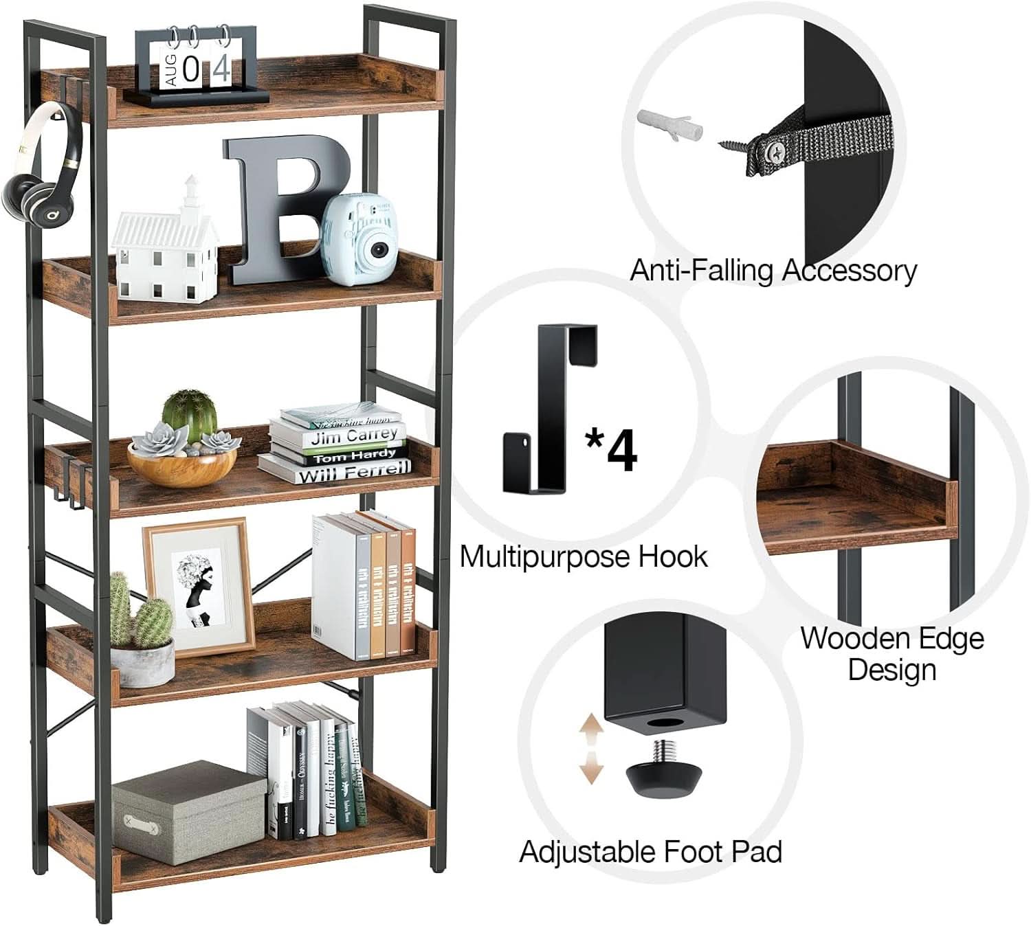Industrial Rustic Brown Wood Five Tier Bookcase Metal Frame