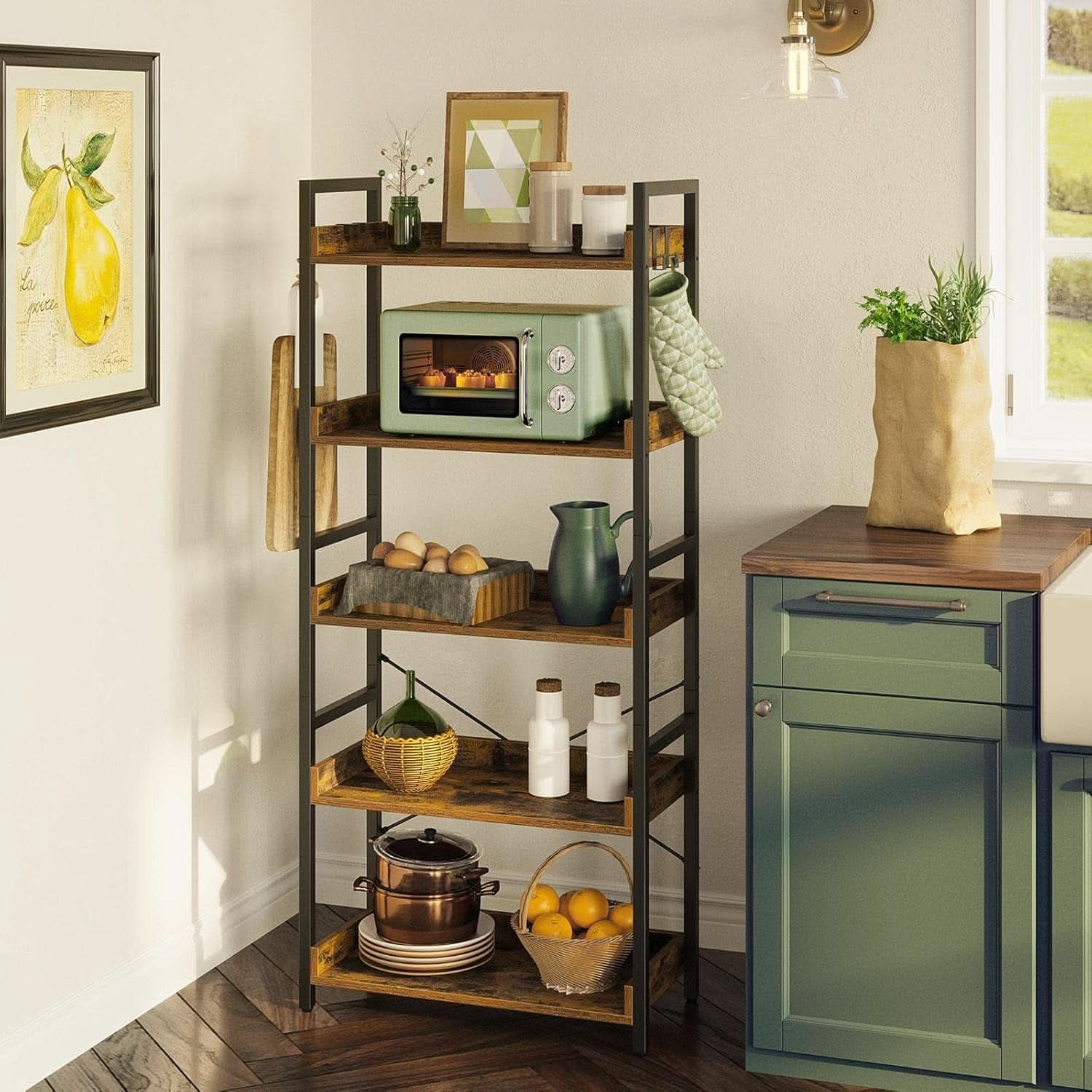 Industrial Rustic Brown Wood Five Tier Bookcase Metal Frame