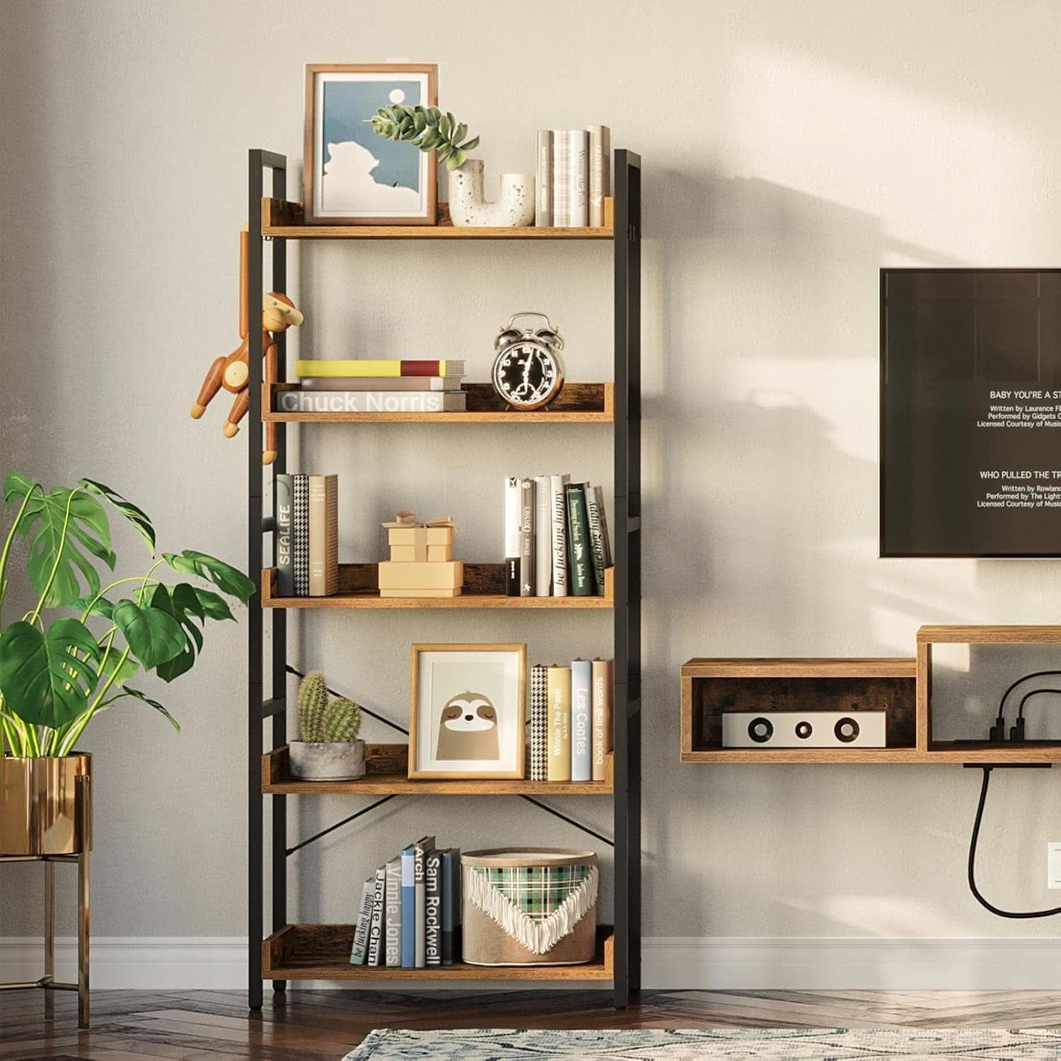 Industrial Rustic Brown Wood Five Tier Bookcase Metal Frame