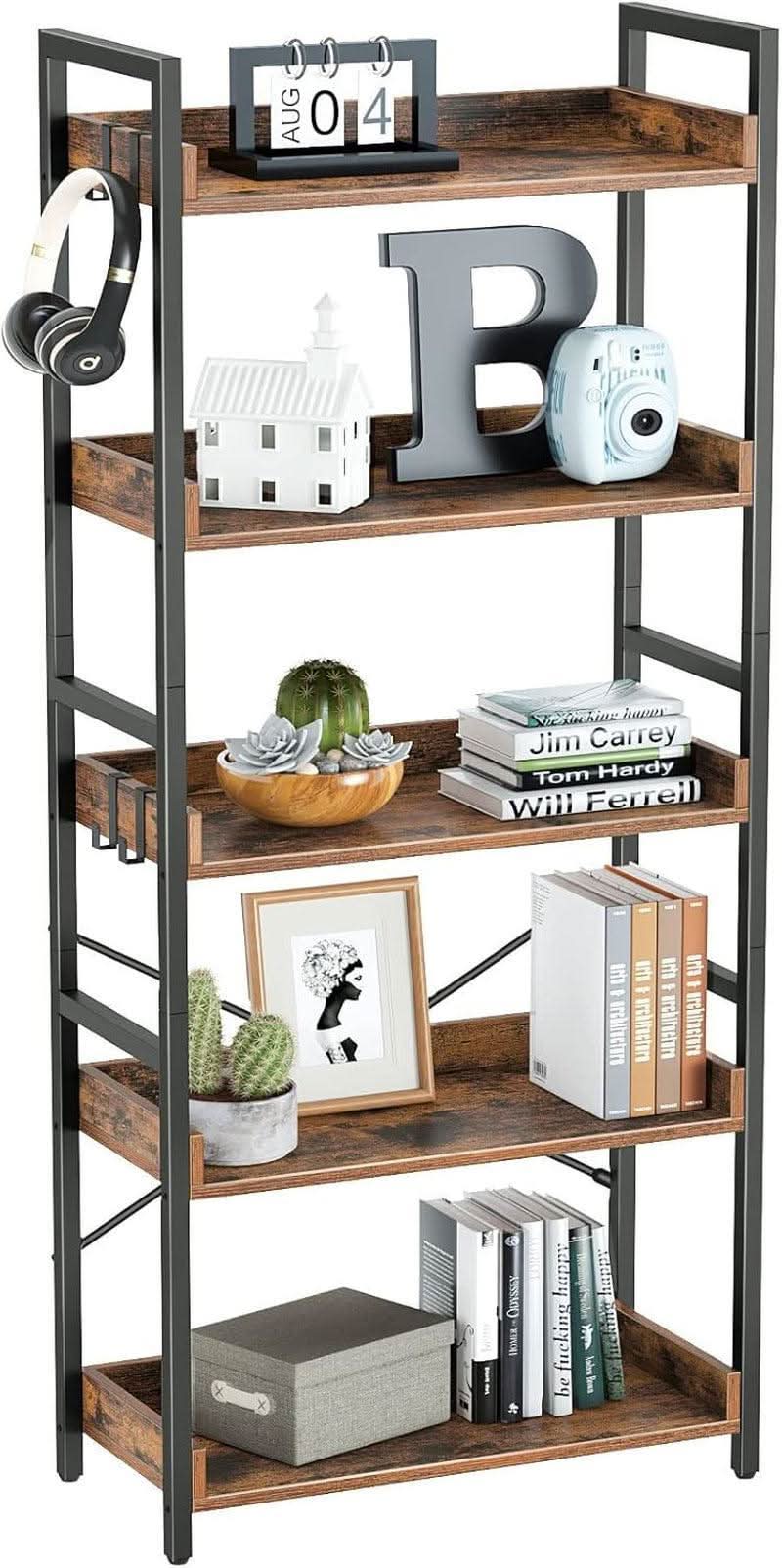 Industrial Rustic Brown Wood Five Tier Bookcase Metal Frame