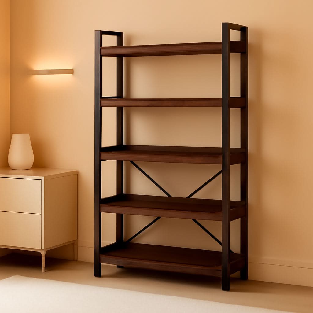 Industrial Rustic Brown Wood Five Tier Bookcase Metal Frame