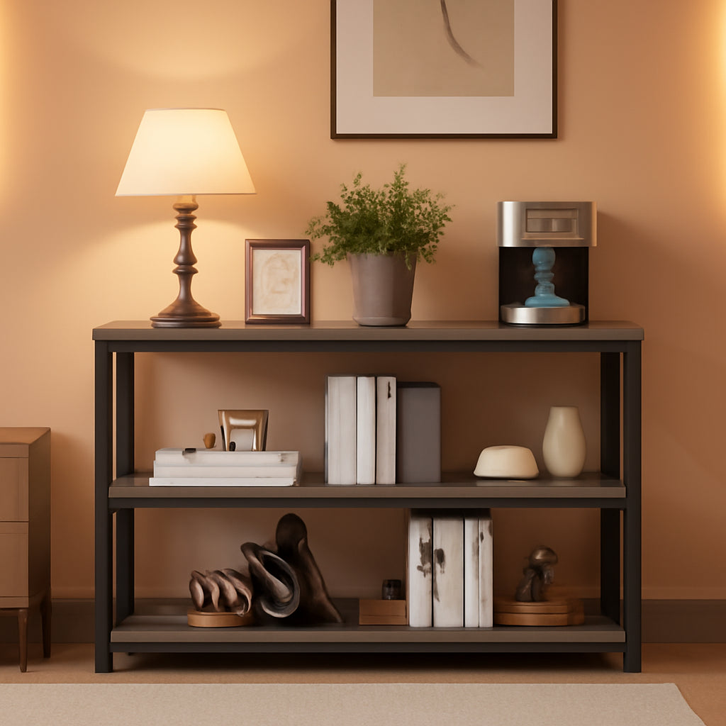 Industrial Rustic Sofa Table With Open Storage Shelves