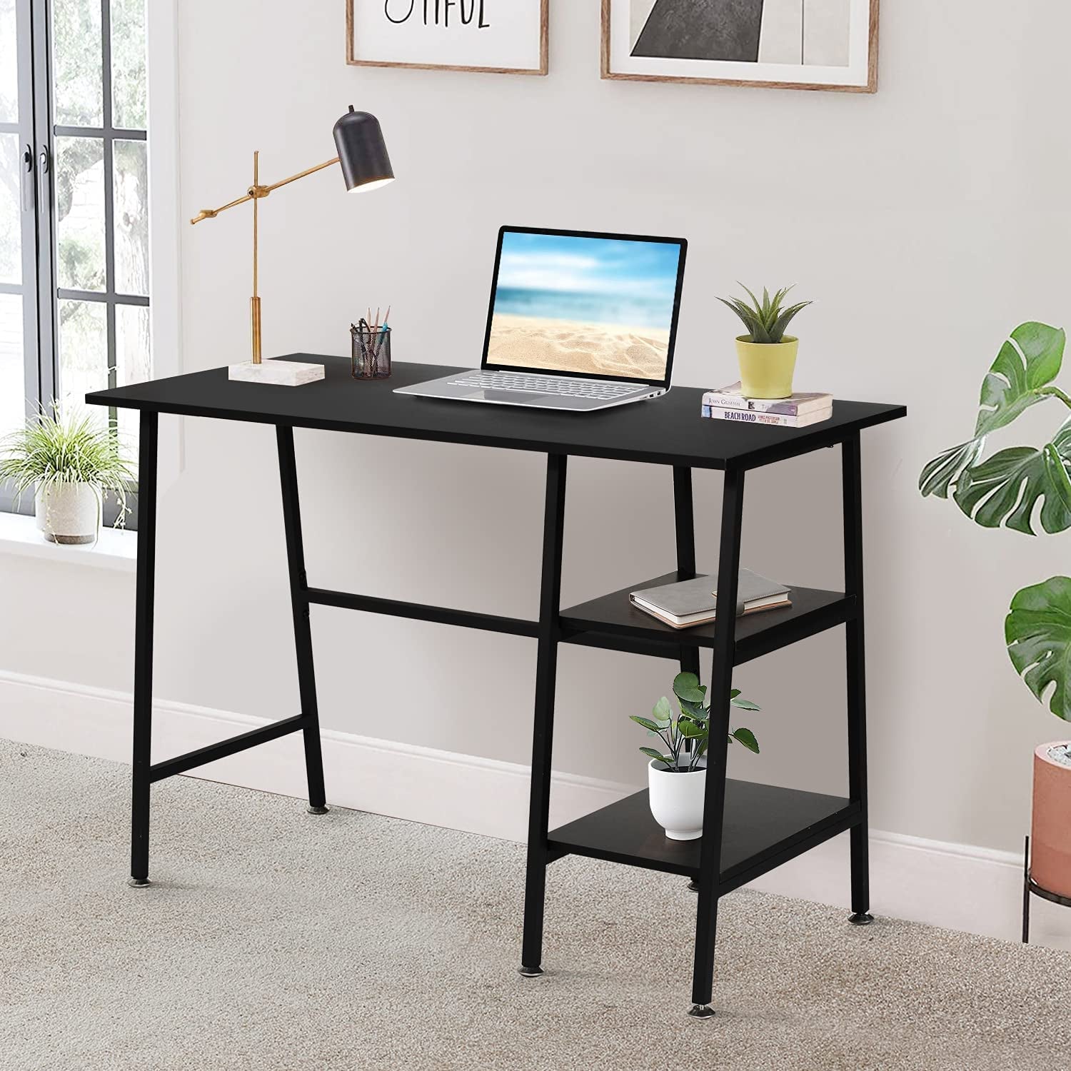 Industrial Style Computer Desk With Storage Shelves