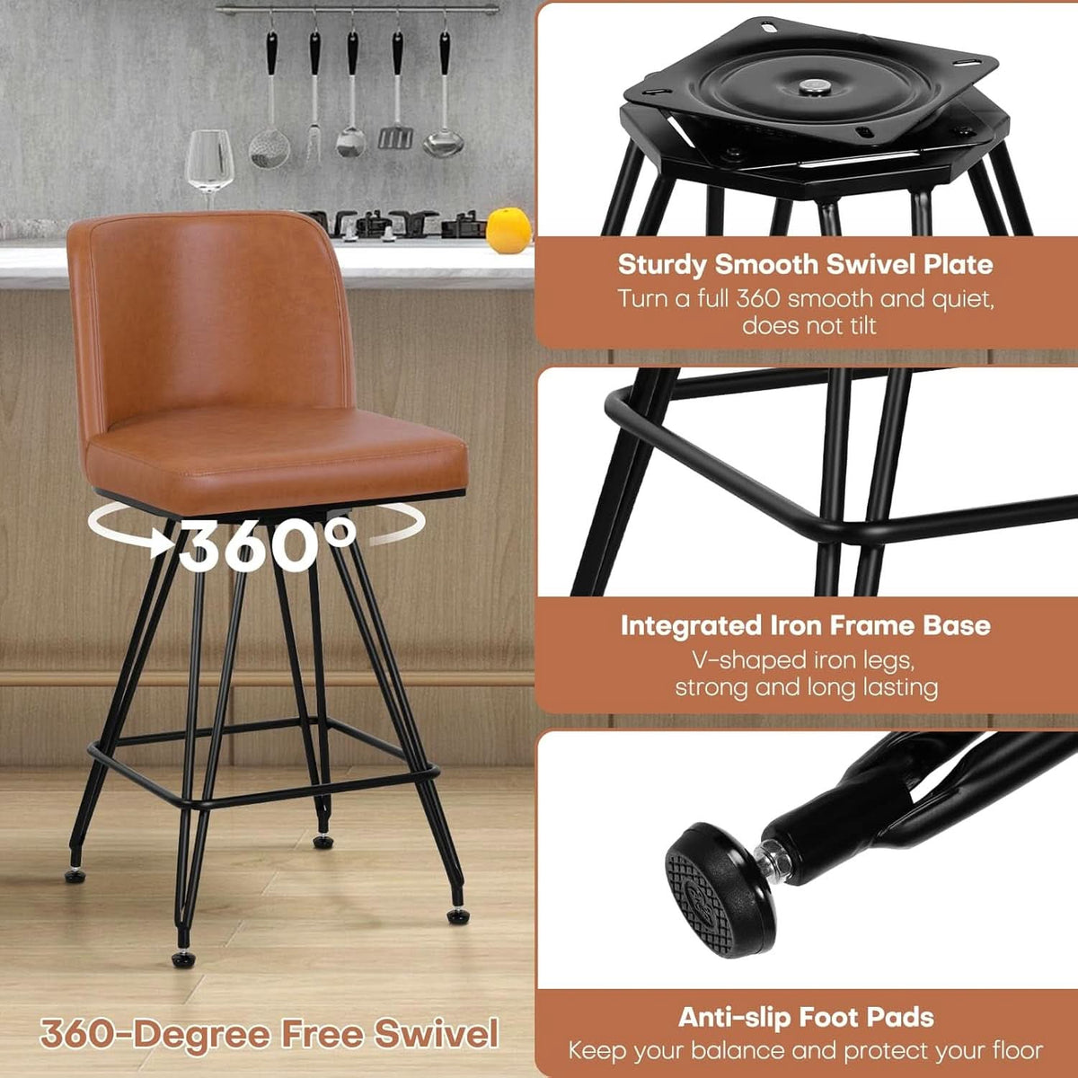 Industrial Swivel Bar Stools Set of Four 26 Inch