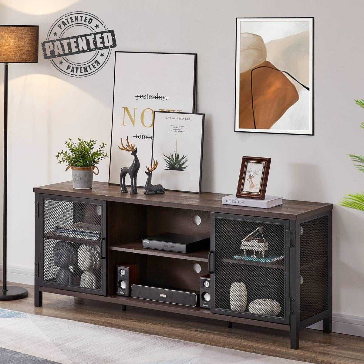 Industrial TV Stand 60Inch Walnut Brown For Living Room