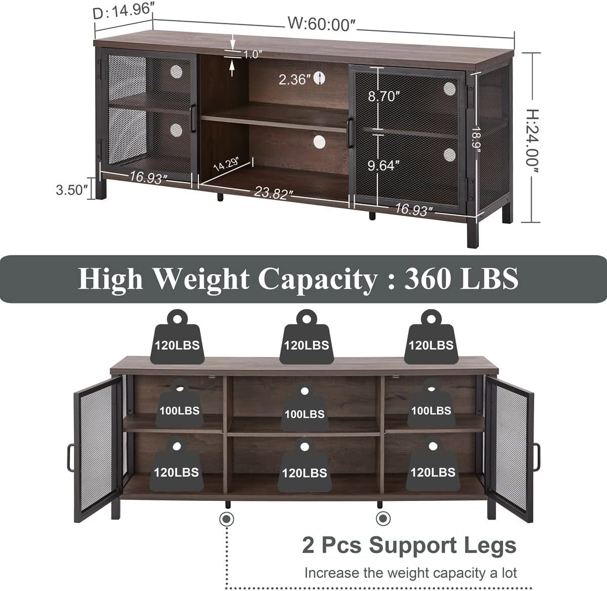 Industrial TV Stand 60Inch Walnut Brown For Living Room