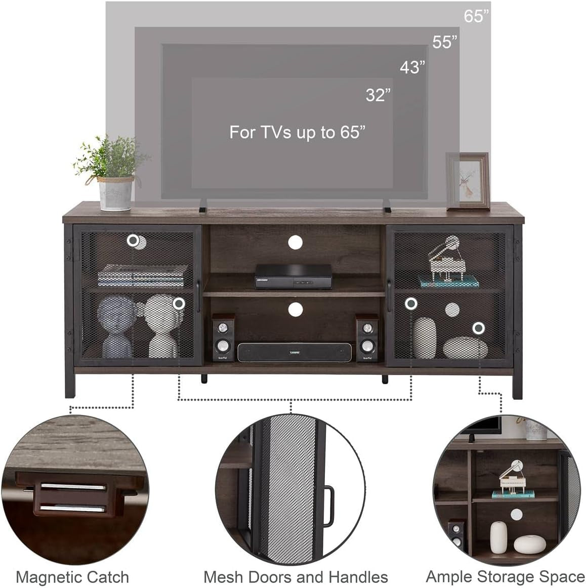 Industrial TV Stand 60Inch Walnut Brown For Living Room