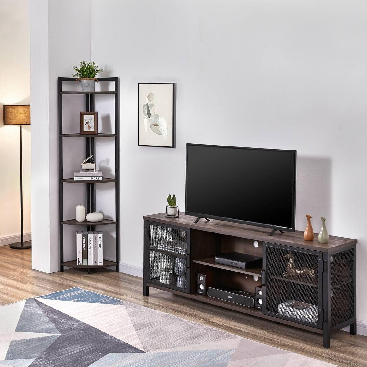 Industrial TV Stand 60Inch Walnut Brown For Living Room