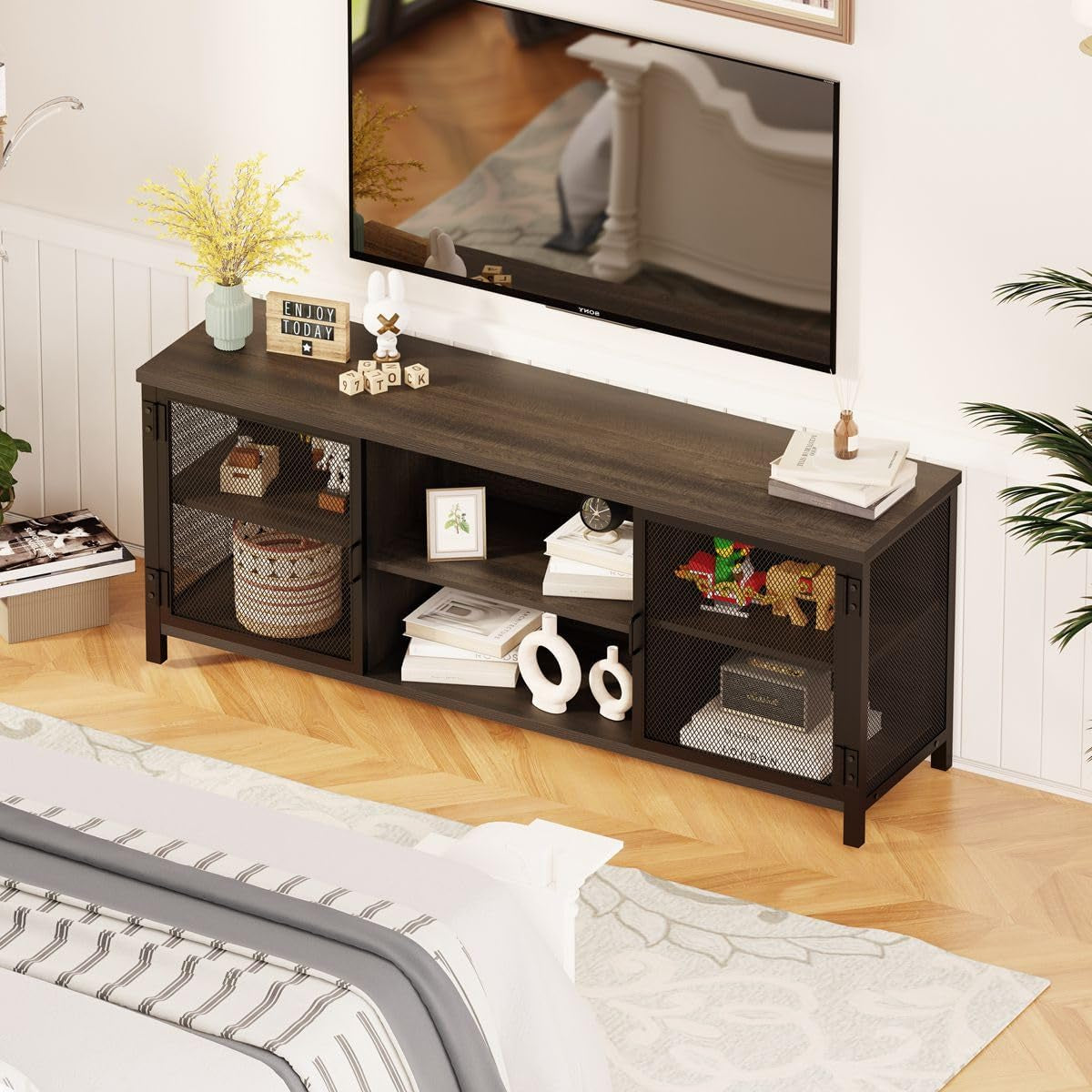 Industrial TV Stand 60Inch Walnut Brown For Living Room