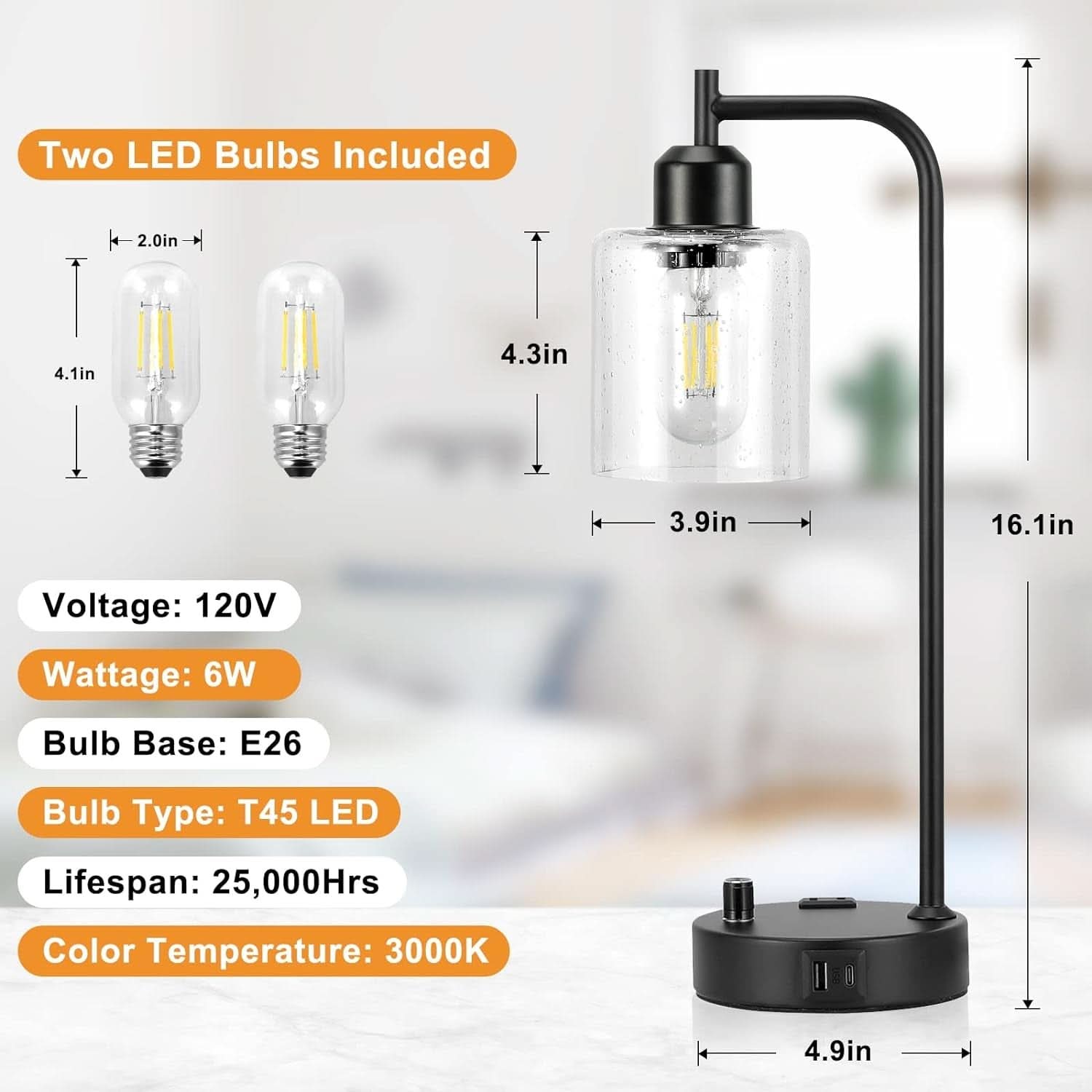 Industrial Table Lamps 2 Pack Black Dimmable USB Ports