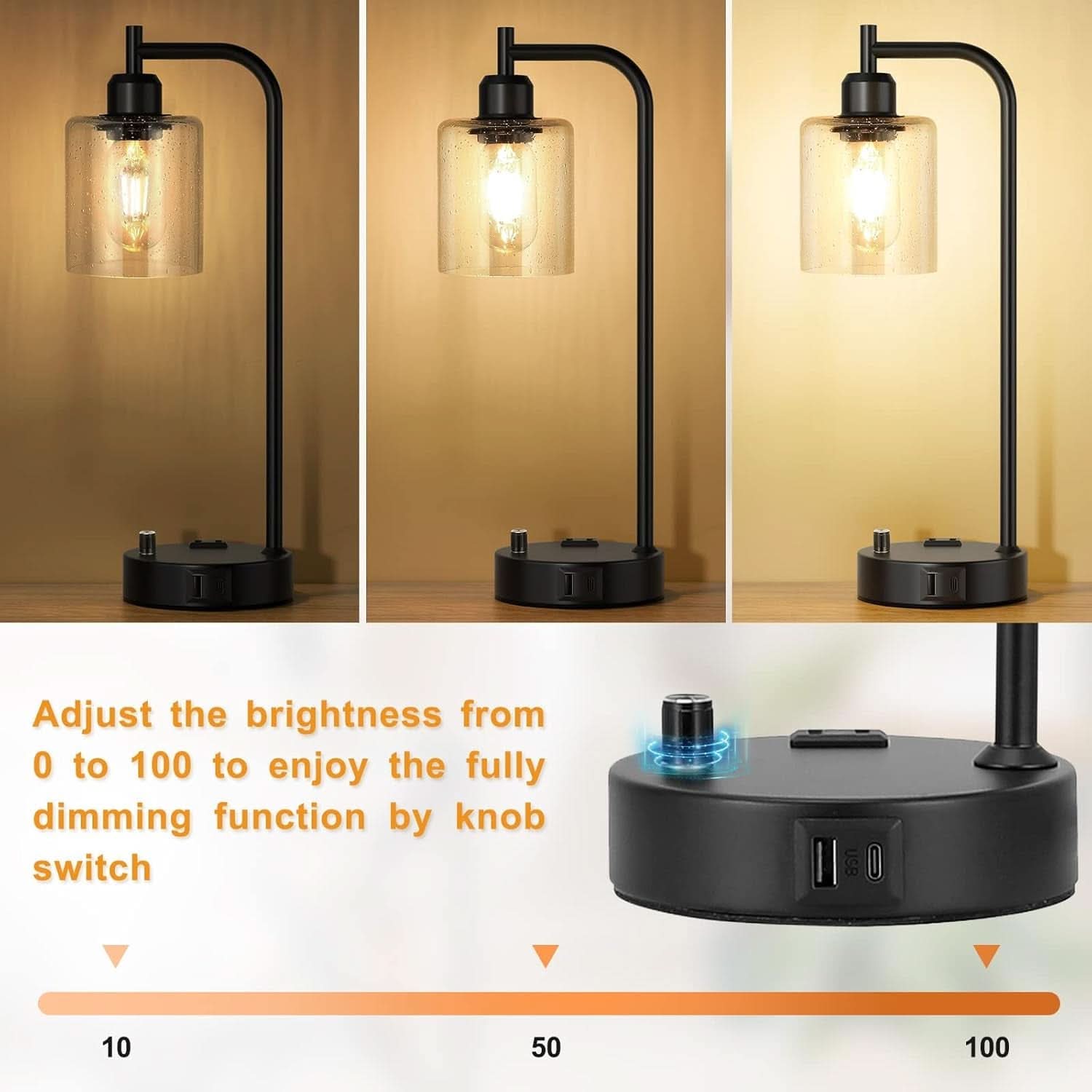 Industrial Table Lamps 2 Pack Black Dimmable USB Ports