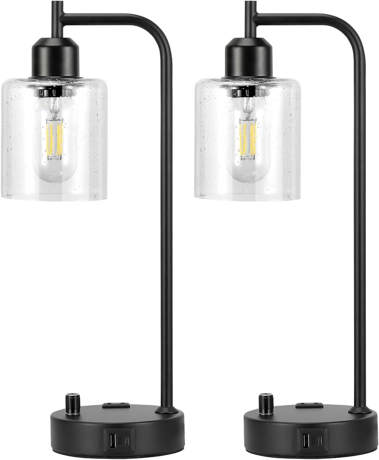 Industrial Table Lamps 2 Pack Black Dimmable USB Ports
