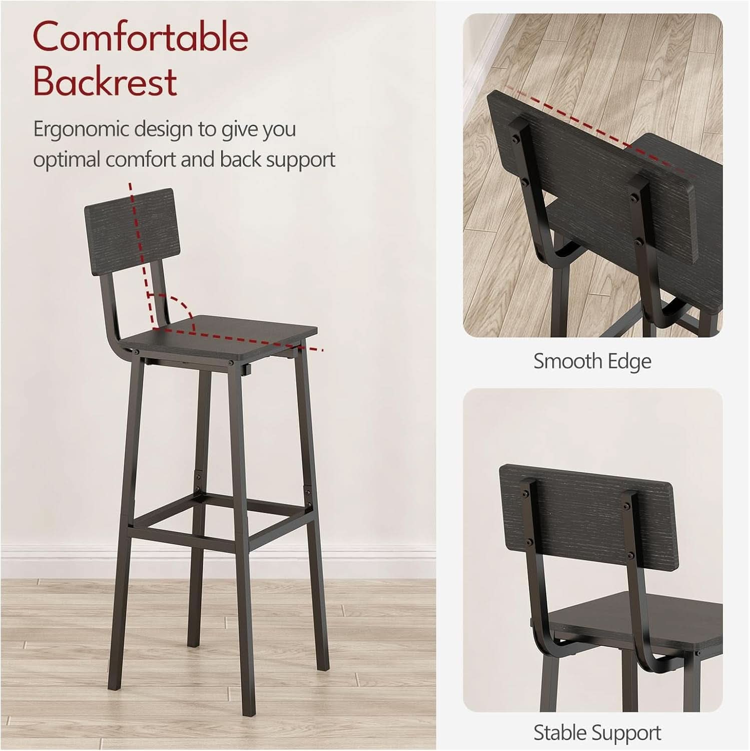 Industrial Tall Bar Stool Set Backrest Footrest Black