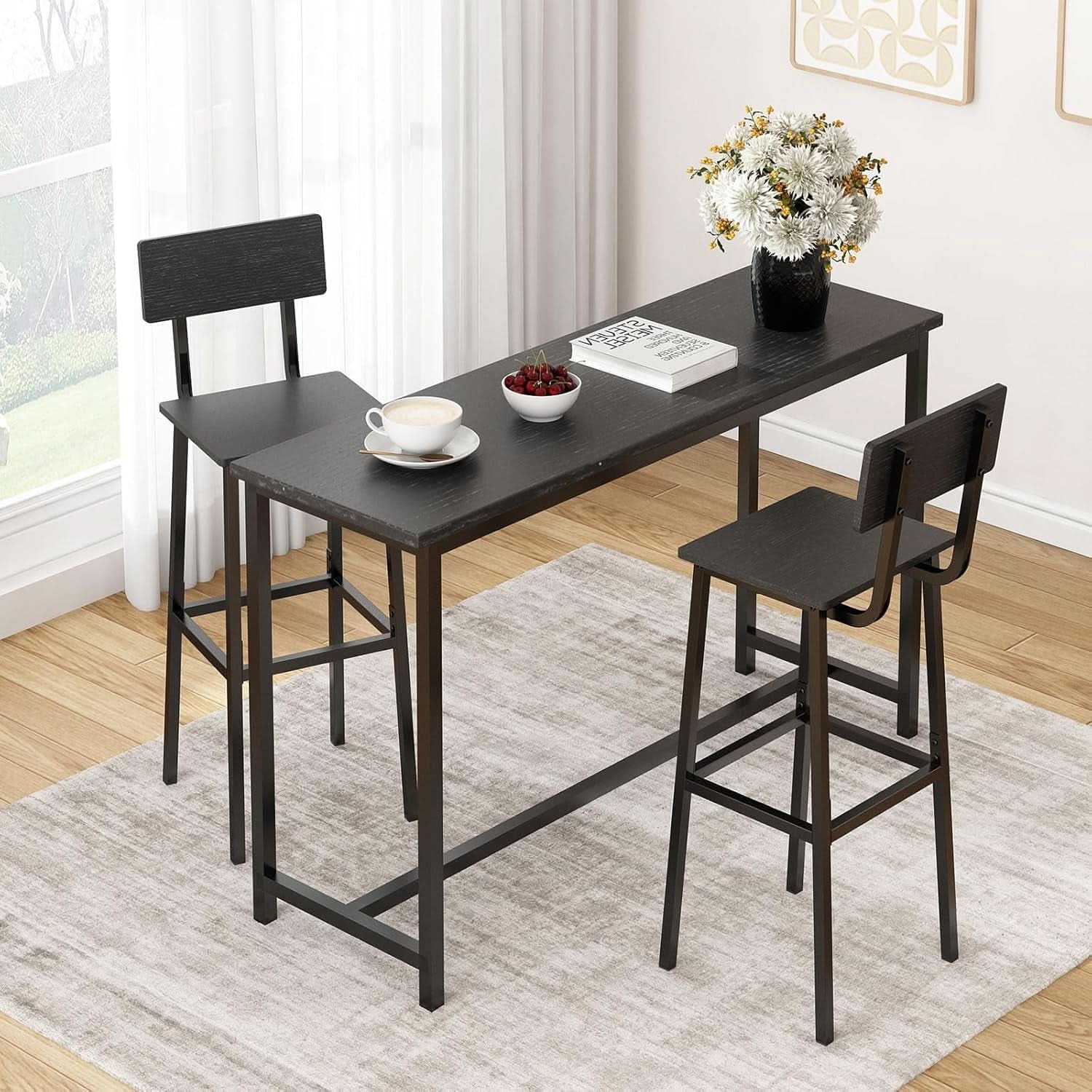 Industrial Tall Bar Stool Set Backrest Footrest Black