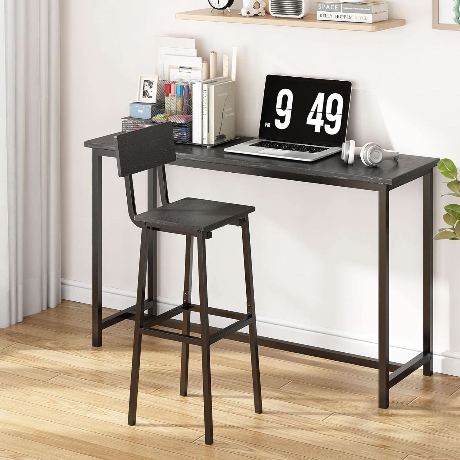 Industrial Tall Bar Stool Set Backrest Footrest Black