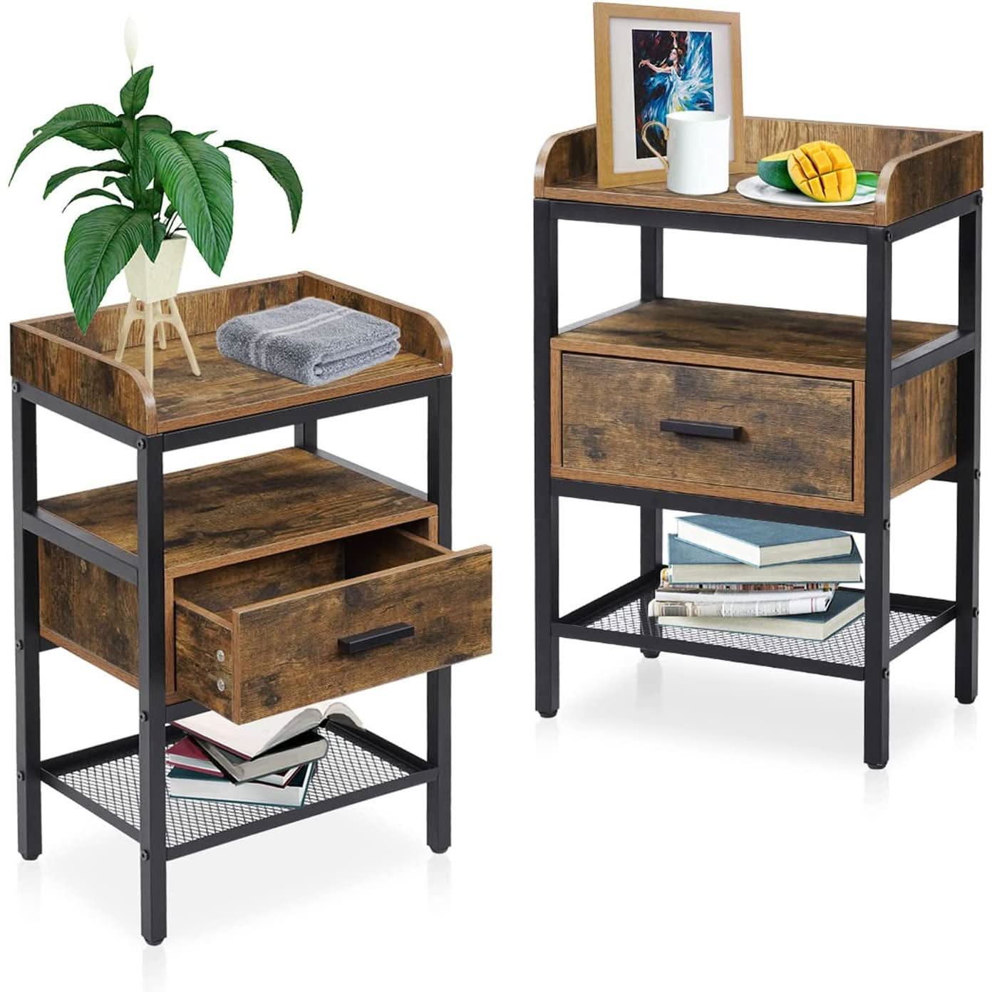 Industrial Three Tier Nightstand Set With Wood Grain Finish