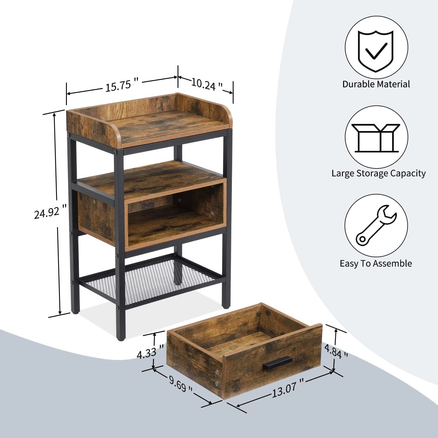 Industrial Three Tier Nightstand Set With Wood Grain Finish
